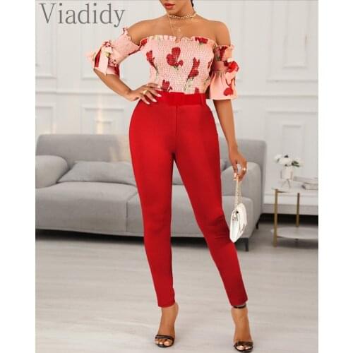 Women Sexy Floral Print Slash Neck Top and High Waist Pencil Pants with Belt Summer 2pcs Set