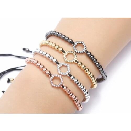 Gold silver micro pave cz Cubic Zirconia rope adjusted Copper Beads Bracelet gj543 hexagon Charm Braided Bangles Women