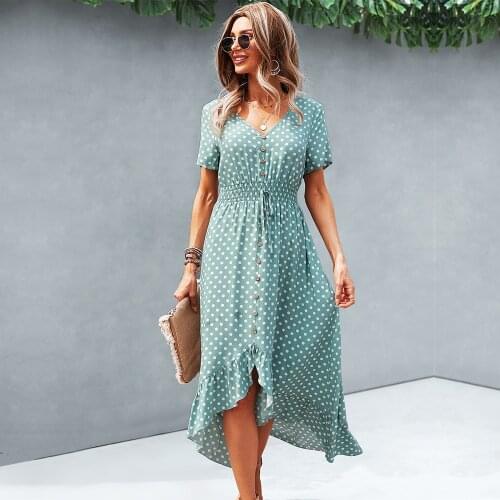 Ladies Vintage Dot Polka Print Summer Dress Women Casual V neck Midi Party Holiday Sundress Women Beach Dress Female Vestidos