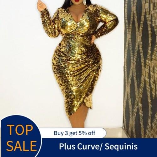 Plus Size Luxury Golden Sequins Dress Women V-Neck Long Sleeve Sexy Club Dresses Party Night Club 2020 Vestidos Cocktai Dress