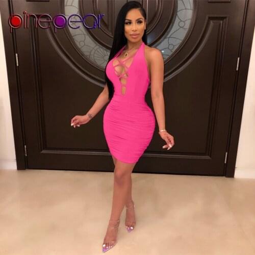 PinePear Rose Red Polyester Pleated Dress Women Smooth Draped Halter Open Back Bodycon Bandage Dress Summer 2019 Dropshipping