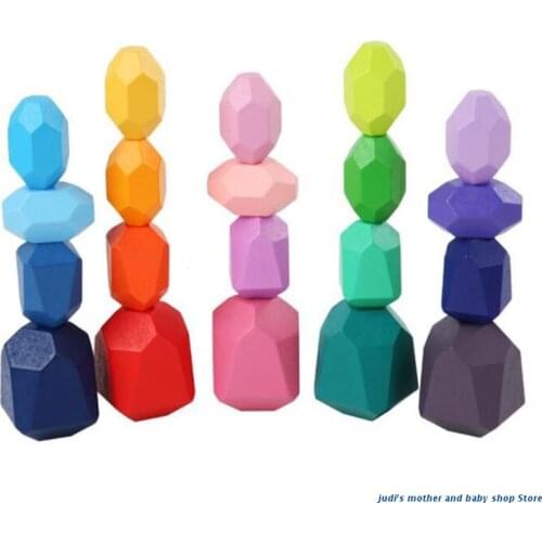67JC 20Pcs Children Wooden Colored Stone Stacking Game Building Block Gifts Kids Creative Rainbow Educational Toys