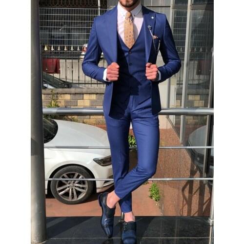 ANNIEBRITNEY 3 Piece Navy Blue Slim Fit Men Formal Suit Custom Skinny Groom Wedding Tuxedo Slim Fit Prom Wedding Men Suit Set