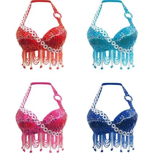 Fringe Belly Dance Costume Bra Sexy Halter Top Sequin Performance Outfit