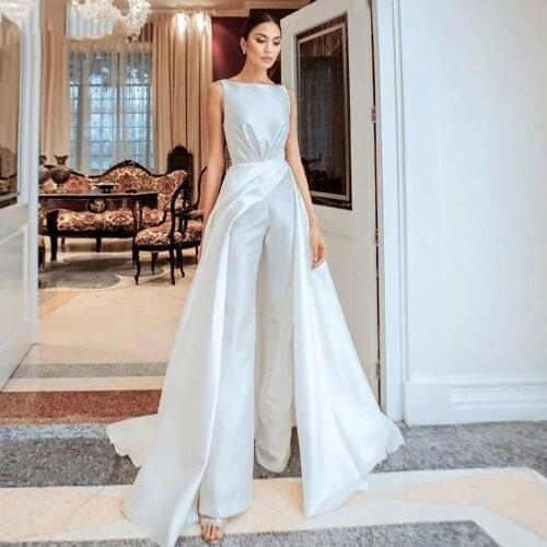 White Satin Jumpsuit Wedding Dress With Overskirt 2021 Simple Bride Reception Gowns Garden Pant Suits Robe De Soriee Mariage