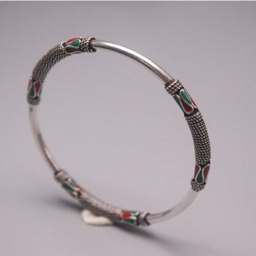 Real 925 Silver Bangle For Women Lucky Girlfriend Best Gift Letter Lucky Color Paint Open Bangle 57mmDia