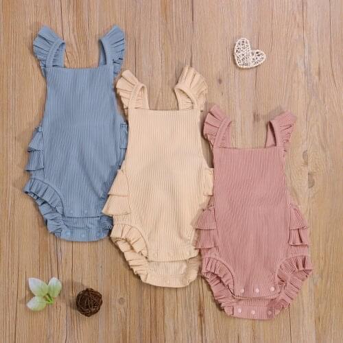 Baby Solid Color Ribbed Romper Girls Sleeveless Square Collar Short Jumpsuit with Ruffles 0-18M