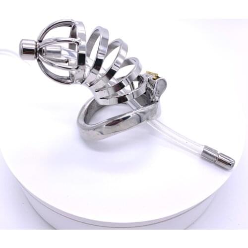 Long Male Stainless Steel Cock Cage Penis Ring Chastity Device Catheter with Stealth New Lock Adult Belt Sex Toy Tube