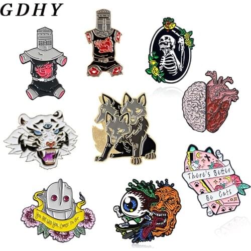 GDHY Animal Robot Brooches Pins Tiger Corpse Wolf Brain Eyeball Brooch Machine Backpack hat Lapel Badge Pin Punk Gift Bijoux