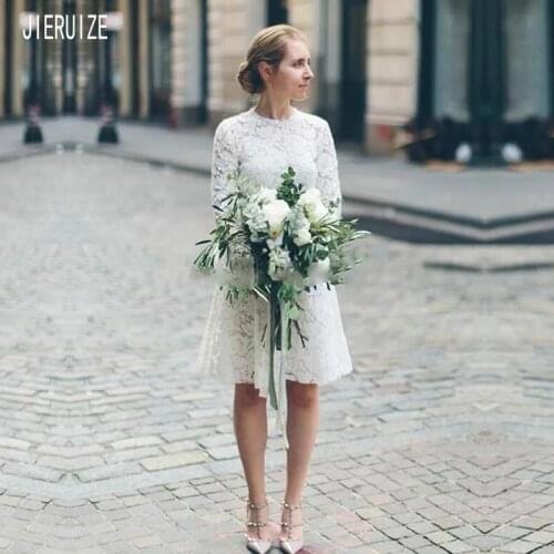 JIERUIZE Short White Lace Wedding Dresses O Neck Long Sleeve Zipper Back Knee-Length Bridal Gown Wedding Gowns robe de mariee