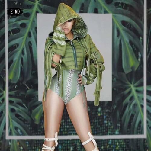 Two Piece Set Sexy Bodysuit Women Green Military Uniform Spandex Tights Jacket Nightclub Female Singer Dj Gogo Dancer Costume