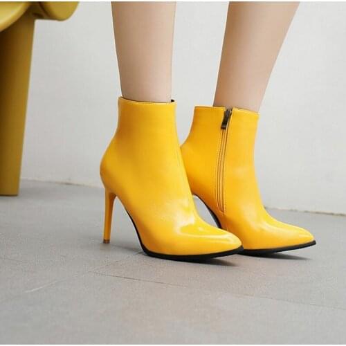Fashion Women Ankel Boots 2021 New Women Patent Leather Boots Zip Pointed Toe High-heeled Boots Black Yellow Sexy Booties Shoes