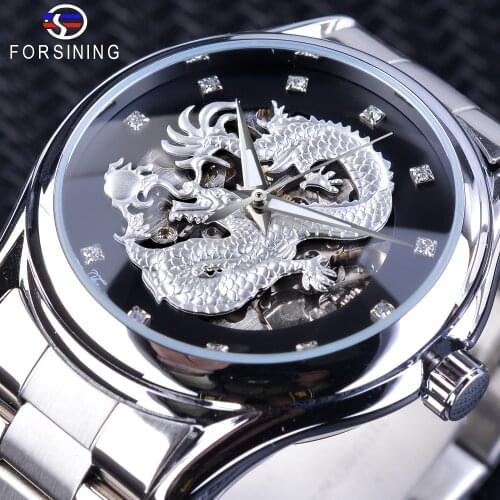 Forsining Fashion Dragon Design Silver Stainless Steel Diamond Display Mens Automatic Wristwatch Top Brand Luxury Montre Homme