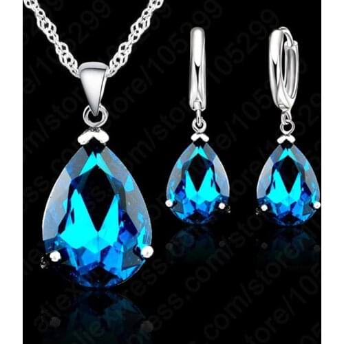 9 Colors Elegant WaterDrop Woman Party Wedding 925 Sterling Silver Cubic Zircon Fashion Earring Necklace Jewelry Set