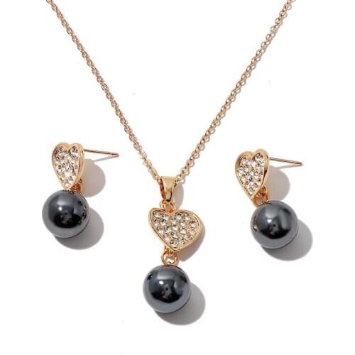 KOMI Polynesian Hawaiian Pohnpei Chuuk Marshall Style Imitation Pearls Crystals Heart Necklace Pendant Earrings Jewelry Set