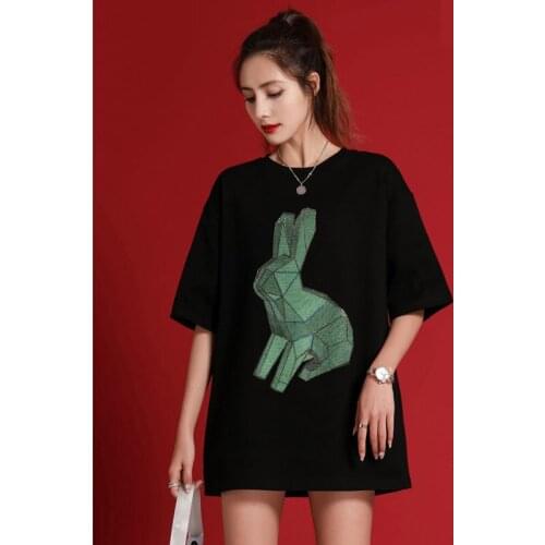 New Summer Womens T-Shirt Cartoon Kawaii Tshirt Loose Korean Anime Rabbit Hot Drilling Short Sleeve Top