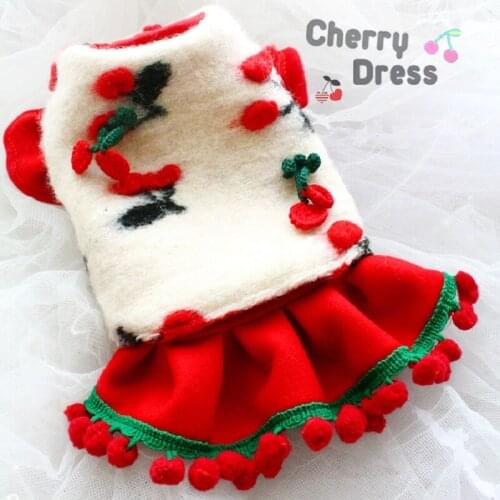 Free Shipping Handmade Dog Clothes Woolen Twin Sets Cherry Short Vest Red Flying Sleeves Dog Coat Dresses Yorkie Poodle Maltese