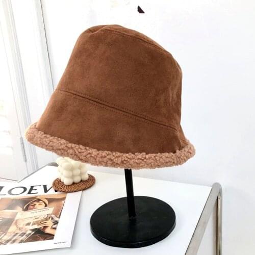 Bucket Hat For Women Suede Double sided with lamb hair cap Plain Panama Outdoor Hiking Beach Fishing Cap Sunscreen Female Bob