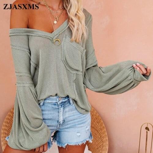 Autumn Off Shoulder Lantern Long Sleeve Knitted Pullover Women Sexy V Neck Pocket Blouse Shirts Spring Pure Loose Streetwear Top