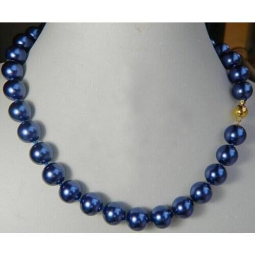 Retty 10mm Sapphite Blue Sea Shell Pearl Necklace Factory Wholesale 18inch real Women Fine for lady silver jewelry