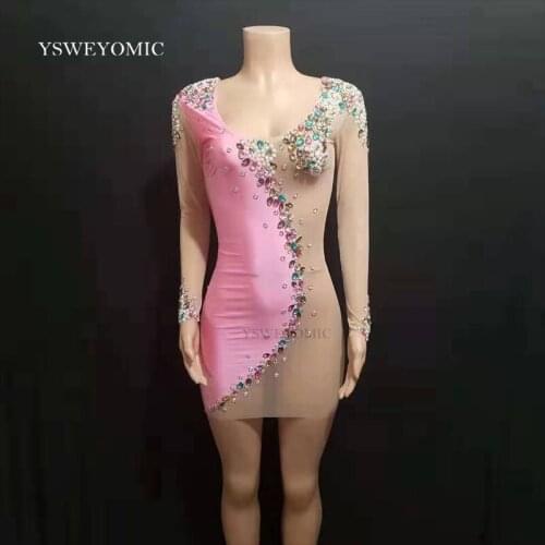 Pink Nude Mesh Stones Pearls Dress Sexy See Through Dance Costume Bling Stage Dancewear Shining Rhinestone Sexy Party Outfit