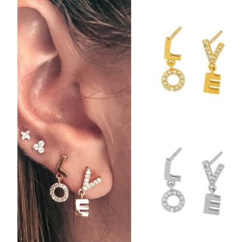925 Silver Ear Needle English Letter Stud Earrings for Women Gold and Silver LOVE Letter Zircon Earrings Valentines Day present