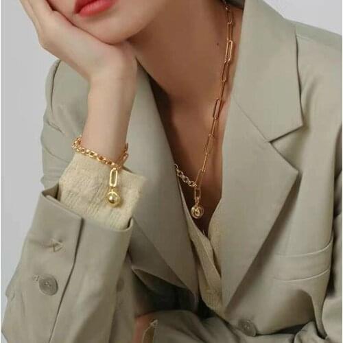 SRCOI Trendy Geometric Punk Splicing Oval Thick Chain Hip Hop Metal Ball Pendant Necklace Simple Women Party Jewelry Gifts