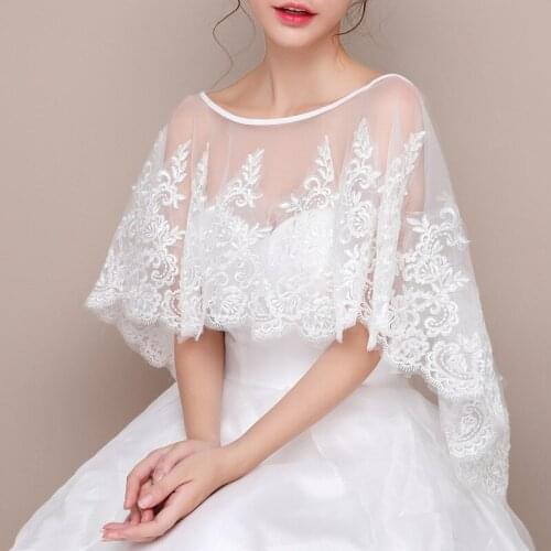 Wedding Cape Mariage White Bridal Lace Shawl Appliqued Sequins Bolero Women Shrug For Wedding Jacket Wrap Wedding Accessories