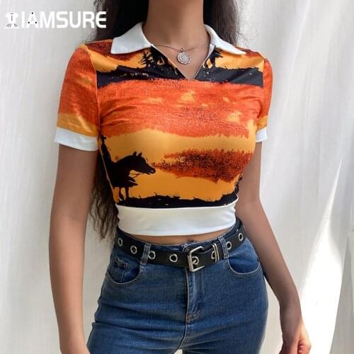 IAMSURE Printed T Shit Women 2021 Casual Turn-Down Collar V-Neck Crop Top Preppy Style Short Sleeve Tees Fashion Streetwear Y2K