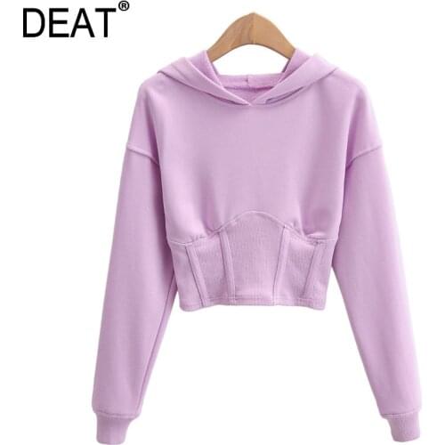 [DEAT] Loose Fit Short Solid Navel Sweatshirt New Hoodies Long Sleeve Women Big Size Fashion Tide Female Autumn 2021 13T451