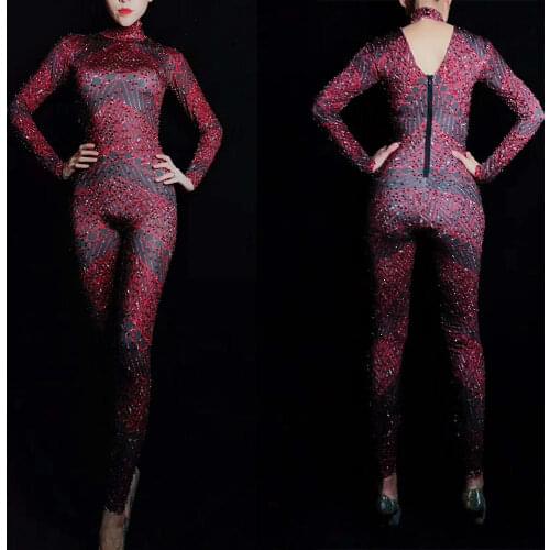 Long Sleeve Wine Red Shining Women Jumpsuits Tight Stretch Backless Bodysuits Nightclub Singer Dancer Performance Stage Wear