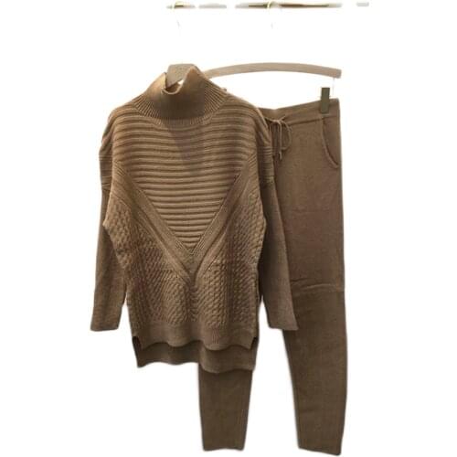 Minkcashmere Women Turthneck nit Sweater + Warm Wool Pant Leisure hiWomen 2 Pieces Set Suit High Quality