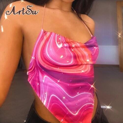Artsu Cute Pink Halter Backless Sexy Vest Tops Tees Women Top Fashion Summer 2021 Club Festival Clothing