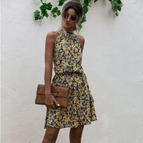 Summer Sexy Halter Lace Up Floral Print Mini Dress For Women Vintage Sleeveless Casual beach Off Shoulder Midi Party Night Dress