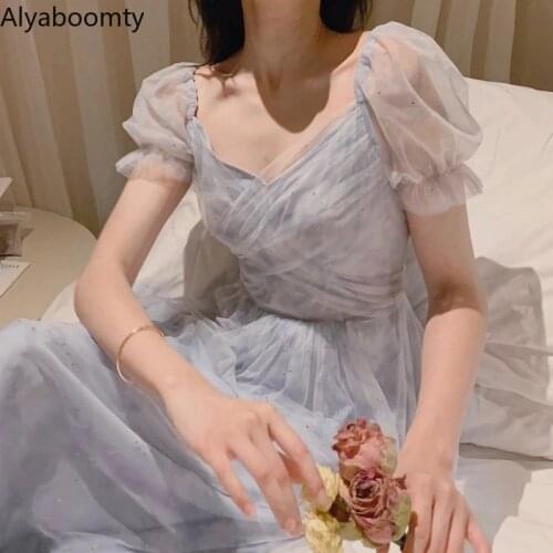 2021 Summer Women Fairy Mesh A-Line Dress Romantic Pink Blue Cross Bandage Simple Stylish Dress Puff Sleeve Tulle Sequined Dress