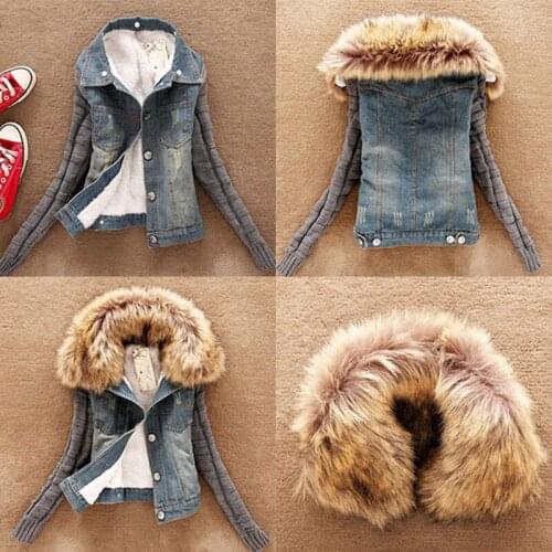 Winter Women Thick Jeans Jacket Padded Warm Fleece Short Slim Denim Coat female Stitching knitted Faux Fur Collar Outerwear Tops