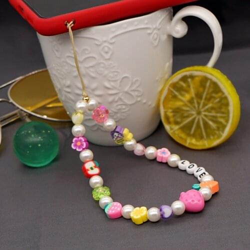 2021 Creative Fruit Pearl Mobile Phone Chain For Women Bohemia Cute Beaded Phone Case Hanging Cord Girls Anti-lost Lanyard Gift