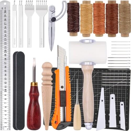 LMDZ 37 Pieces Beginners Leather Work Tools, Leather Working Kit With Lnstructions, Leather Groover, Awls, Prong Punch,Needles