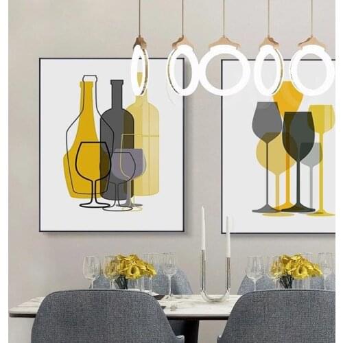 Abstract Yellow Grey Tableware Canvas Painting Rice Bowl Cup Wine Glass Poster Restaurant Kitchen Decoration Wall Art Picture
