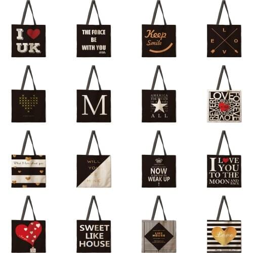 Black letter tote bag, shoulder bag, linen fabric casual tote bag, foldable shopping bag, reusable beach bag