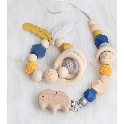 Baby Pacifier Chain Holder For Nipples Dummy Clips Wooden Bracket Clip Geometric Crochet Safety Silicone Beads Wood Teether Toys