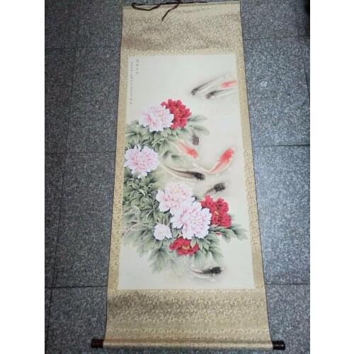 Exquisite Chinese Antique decorative brocade carp picture