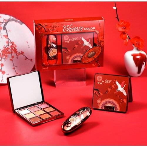 Makeup Cosmetic Chinese Style Gift Box Pearly Matte Sequins 9Colors Eyeshadow Palette Carved Velvet Lipstick Lip Eye Make Up Kit