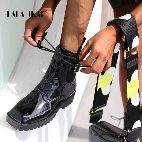 LALA IKAI Boots Women Autumn Winter 2020 Platform Ankle Boots High Heels Lace-up Short Booties Fashion Zapatos de mujer C10555-1