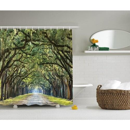 Forest Shower Curtain Green Woodland Country Tree Branches and Leaves on an Impressionist Road Scene Landscape Bathroom Curtains