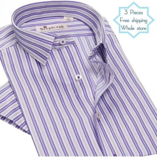 DEEPOCEAN anti-wrinkle mens short-sleeved blue striped shirt mens Korean thin section business casual slim fit