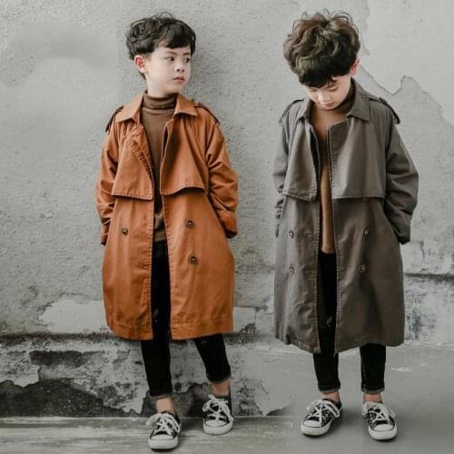 5-14y Kids Trench Coat Spring Autumn Boys Jacket Overcoat Long Sleeve Turn-Down Collar Children Windbreaker Top Clothes Hy79