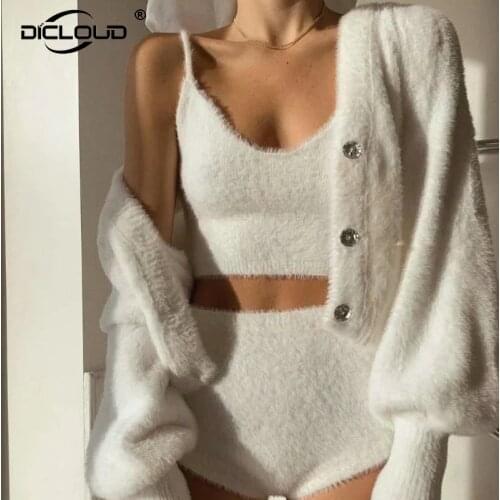 Sweet Blogger Fashion Women Faux Mink Cashmere Knit Caimi Top Short Cardigan Set 2020 Autumn Stylish Chic Sweater Knitwear Femme