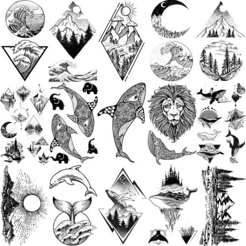 Henna Whale Lion Temporary Tattoos For Women Adult Men Kids Geometry Mountain Sea Forest Fake Tattoo Neck Arm Hands Small Tatoos