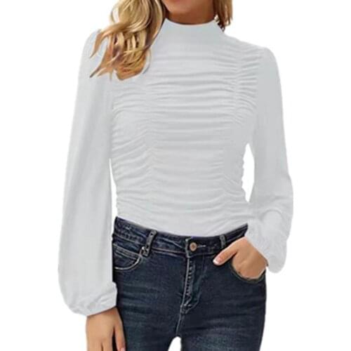 Women Blouse Long Sleeve Slim Fit Tops Solid Color Pleated Lantern Sleeve Blouse for Daily Wear tops women 2021 Black xxl